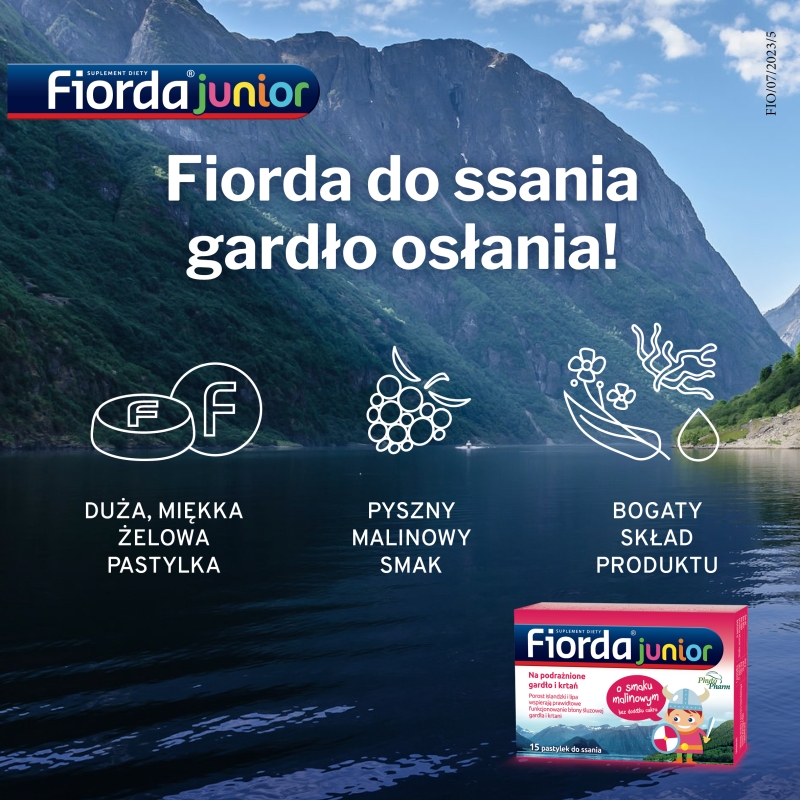 Fiorda Junior, pastylki ze składnikami wspomagającymi w podrażnieniach gardła i krtani dla dzieci o smaku malinowym, 15 szt.