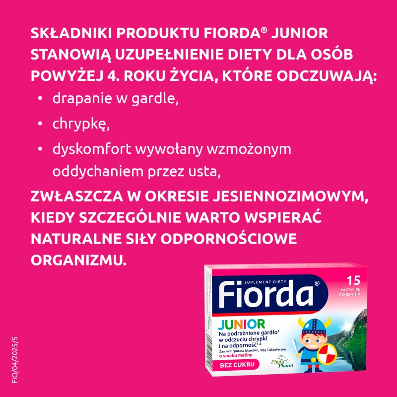Fiorda Junior, pastylki ze składnikami wspomagającymi w podrażnieniach gardła i krtani dla dzieci o smaku malinowym, 15 szt.