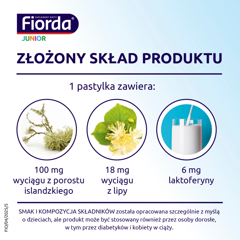 Fiorda Junior, pastylki ze składnikami wspomagającymi w podrażnieniach gardła i krtani dla dzieci o smaku malinowym, 15 szt.