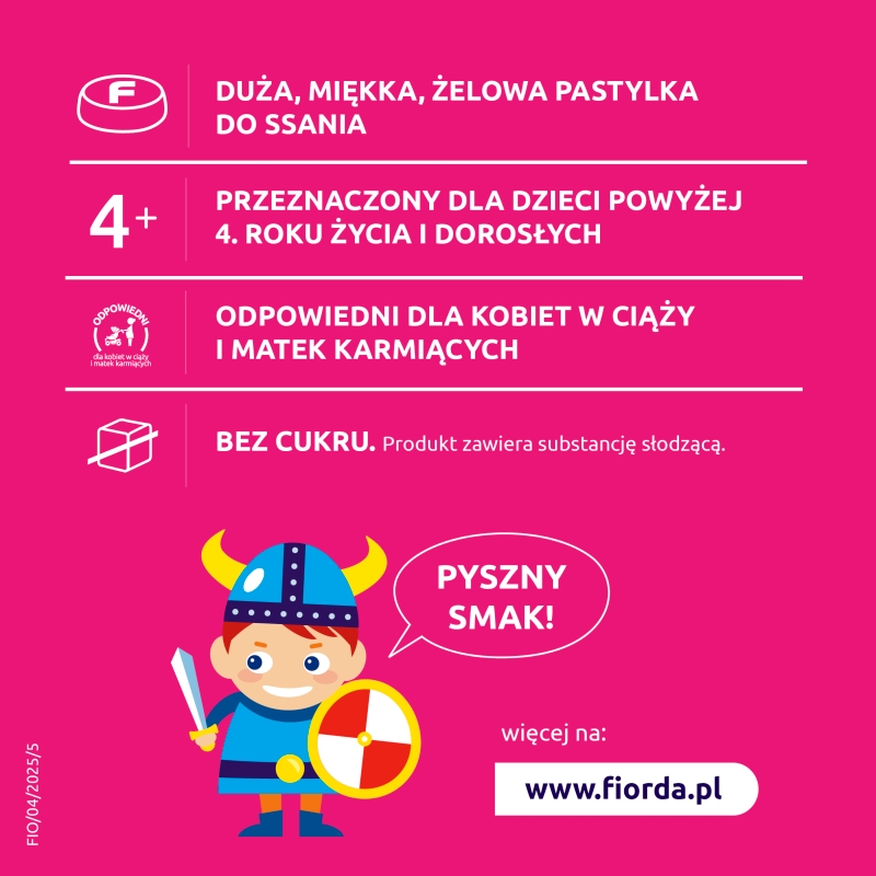 Fiorda Junior, pastylki ze składnikami wspomagającymi w podrażnieniach gardła i krtani dla dzieci o smaku malinowym, 15 szt.
