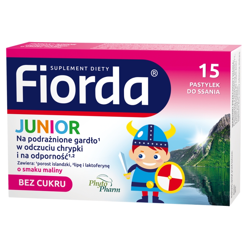 Fiorda Junior, pastylki ze składnikami wspomagającymi w podrażnieniach gardła i krtani dla dzieci o smaku malinowym, 15 szt.