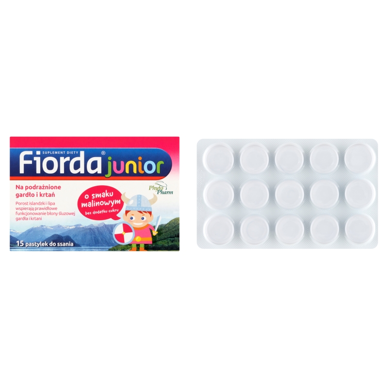 Fiorda Junior, pastylki ze składnikami wspomagającymi w podrażnieniach gardła i krtani dla dzieci o smaku malinowym, 15 szt.