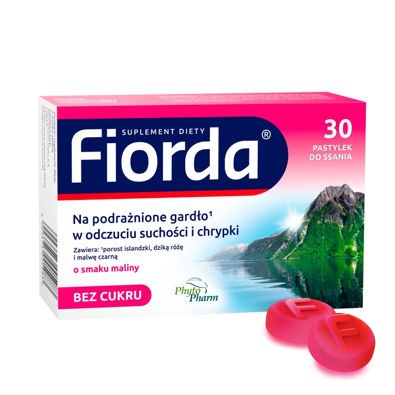 Fiorda, pastylki ze składnikami wspomagającymi  w podrażnieniach gardła i krtani o smaku malinowym, 30 szt.