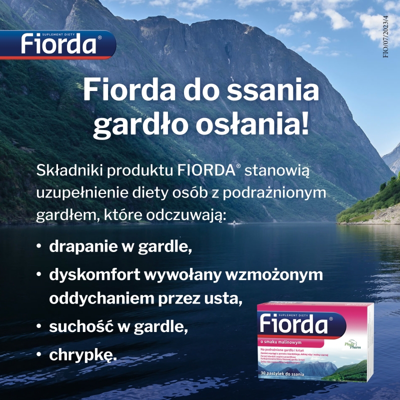 Fiorda, pastylki ze składnikami wspomagającymi  w podrażnieniach gardła i krtani o smaku malinowym, 30 szt.