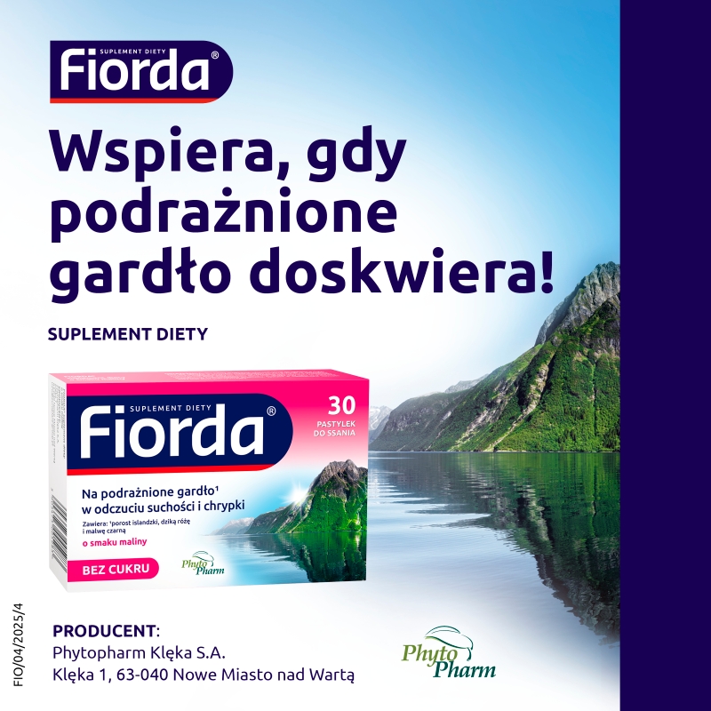 Fiorda, pastylki ze składnikami wspomagającymi  w podrażnieniach gardła i krtani o smaku malinowym, 30 szt.