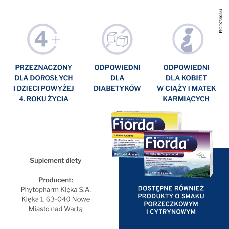 Fiorda, pastylki ze składnikami wspomagającymi  w podrażnieniach gardła i krtani o smaku malinowym, 30 szt.