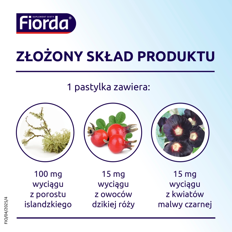 Fiorda, pastylki ze składnikami wspomagającymi  w podrażnieniach gardła i krtani o smaku malinowym, 30 szt.