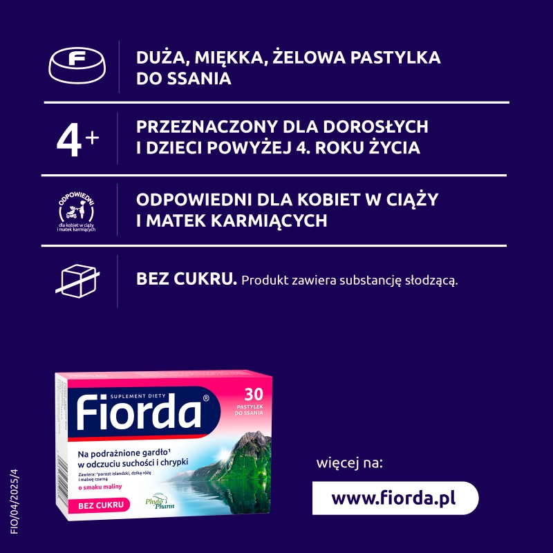 Fiorda, pastylki ze składnikami wspomagającymi  w podrażnieniach gardła i krtani o smaku malinowym, 30 szt.