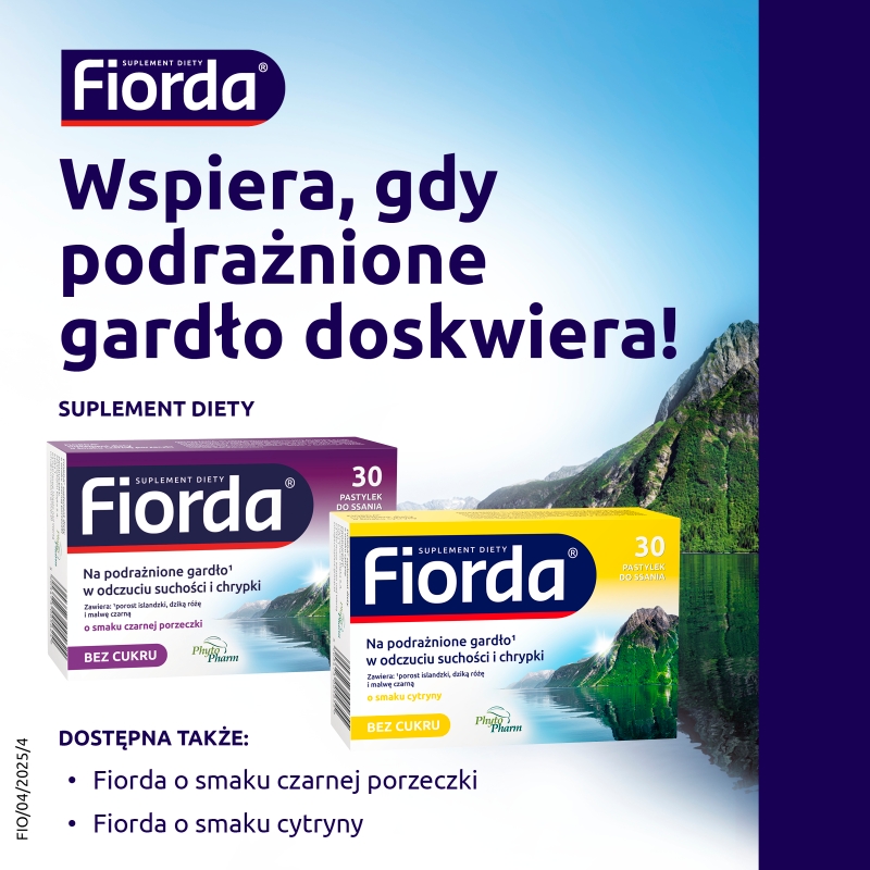 Fiorda, pastylki ze składnikami wspomagającymi  w podrażnieniach gardła i krtani o smaku malinowym, 30 szt.