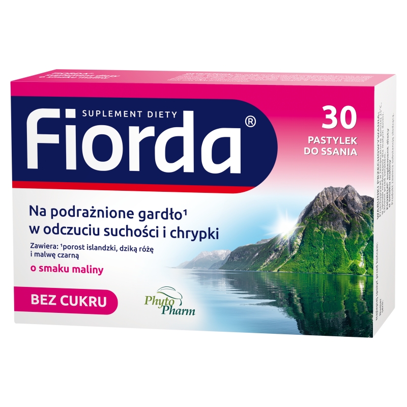 Fiorda, pastylki ze składnikami wspomagającymi  w podrażnieniach gardła i krtani o smaku malinowym, 30 szt.