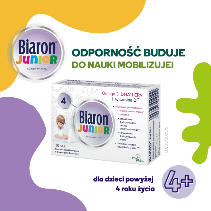 Bioaron Junior, kapsułki do żucia ze składnikami wspierającymi odporność dla dzieci o smaku owocowej gumy balonowej, 30 szt.