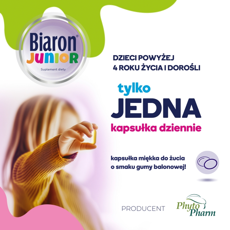 Bioaron Junior, kapsułki do żucia ze składnikami wspierającymi odporność dla dzieci o smaku owocowej gumy balonowej, 30 szt.