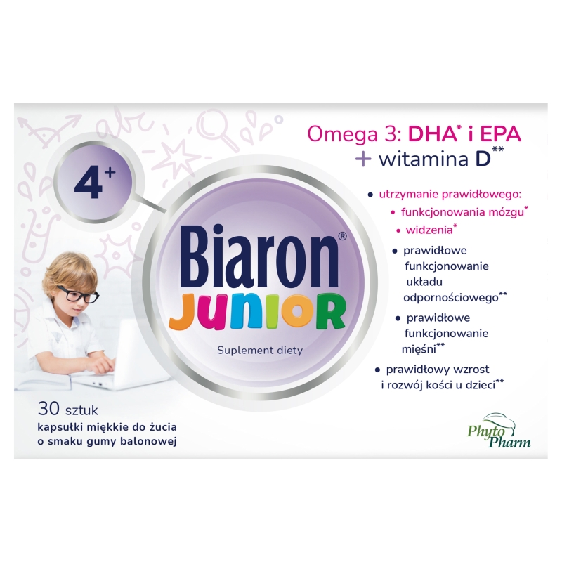 Bioaron Junior kapsułki do żucia ze składnikami wspierającymi odporność dla dzieci o smaku owocowej gumy balonowej, 30 szt.
