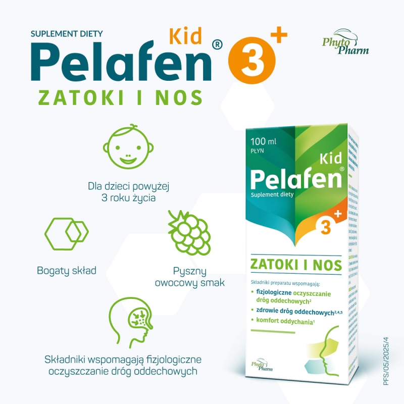 Pelafen Kid Zatoki i Nos, płyn ze składnikami wspomagającymi oczyszczanie dróg oddechowych, 100 ml