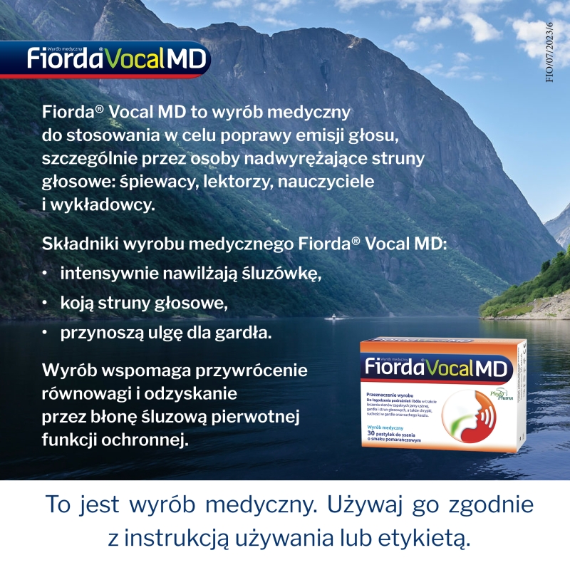 Fiorda Vocal MD, pastylki do ssania na ból gardła i chrypkę o smaku pomarańczowym, 30 szt.