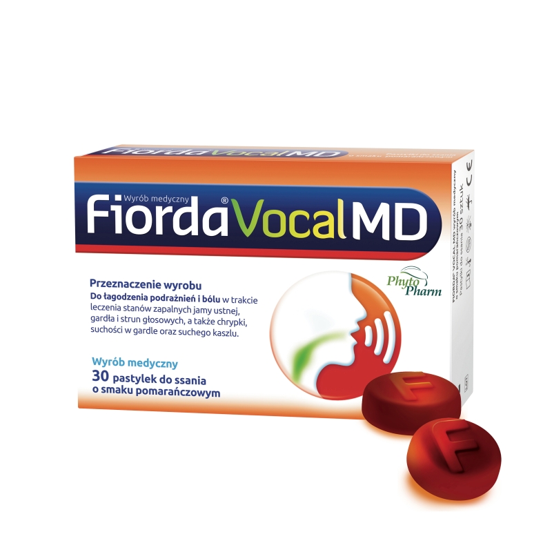 Fiorda Vocal MD, pastylki do ssania na ból gardła i chrypkę o smaku pomarańczowym, 30 szt.