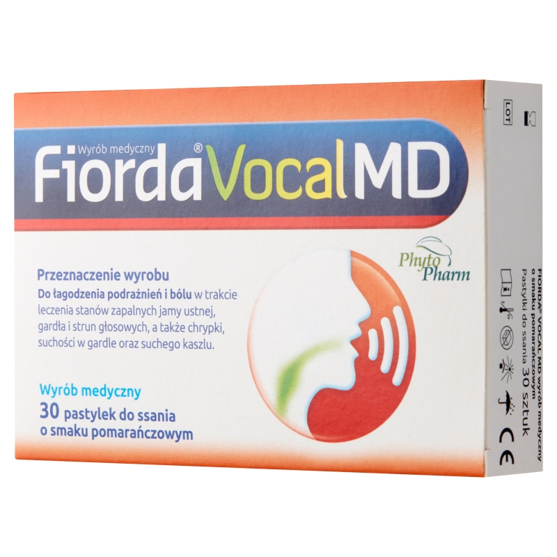 Fiorda Vocal MD, pastylki do ssania na ból gardła i chrypkę o smaku pomarańczowym, 30 szt.