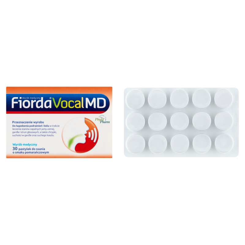 Fiorda Vocal MD, pastylki do ssania na ból gardła i chrypkę o smaku pomarańczowym, 30 szt.