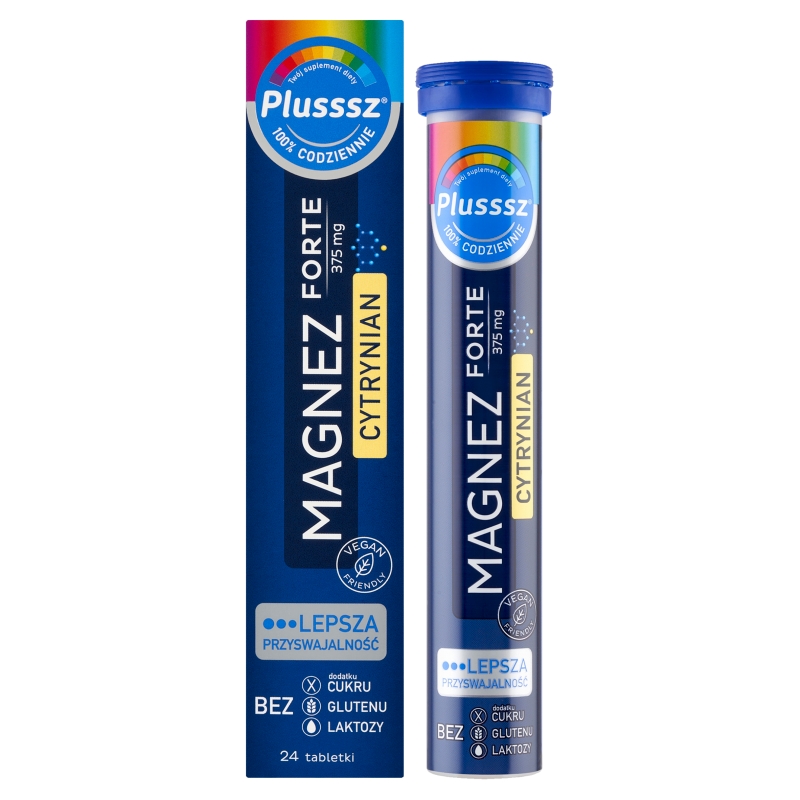 Plusssz Magnez Forte Cytrynian , tabletki musujące o cytrynowym smaku, 24 szt.