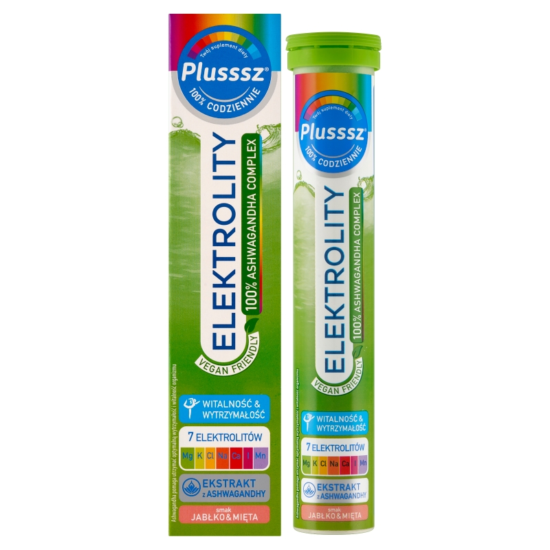 Plusssz Elektrolity 100% Ashwagandha Complex, 24 tabletki musujące, jabłko-mięta
