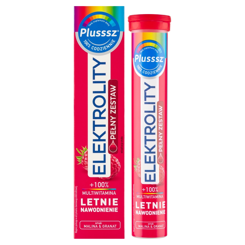 Plusssz Elektrolity + 100% Multiwitamina, malina & granat, 24 tabletki musujące