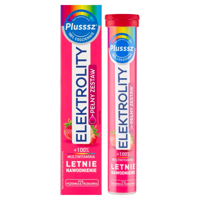 Plusssz Elektrolity + 100% Multiwitamina, poziomka i truskawka, 24 tabletki musujące