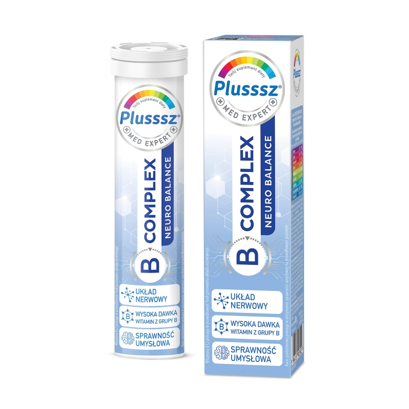 Plusssz B-Complex Neuro Balance, 20 tabletek musujących o smaku pomarańcza-brzoskwinia