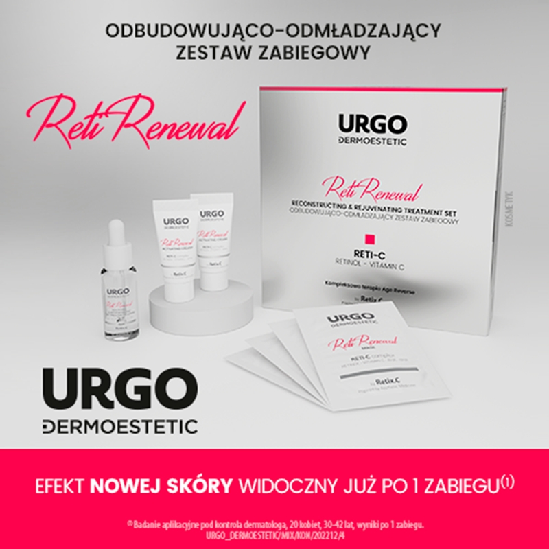 URGO DERMOESTETIC Reti Renewal, zestaw: krem aktywujący - 2x5ml, maska do twarzy - 4x3ml, serum kojąco-regenerujące - 10ml