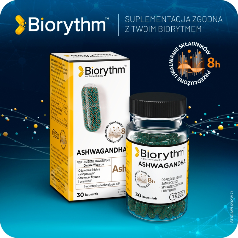 Biorythm Ashwagandha, kapsułki o przedłużonym uwalnianiu ze składnikami wspierającymi odporność, 30 szt.