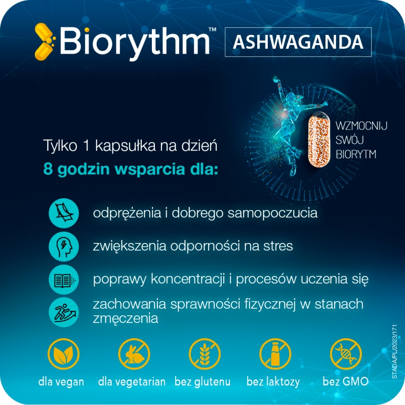 Biorythm Ashwagandha, kapsułki o przedłużonym uwalnianiu ze składnikami wspierającymi odporność, 30 szt.