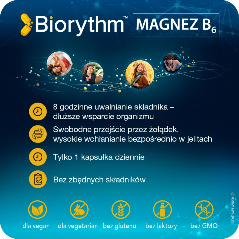 Biorythm Magnez B6, kapsułki o przedłużonym uwalnianiu ze składnikami uzupełniającymi dietę w magnez B6, 30 szt.