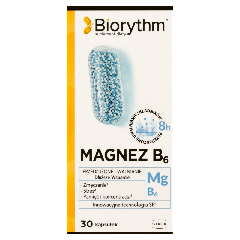 Biorythm Magnez B6, kapsułki o przedłużonym uwalnianiu ze składnikami uzupełniającymi dietę w magnez B6, 30 szt.