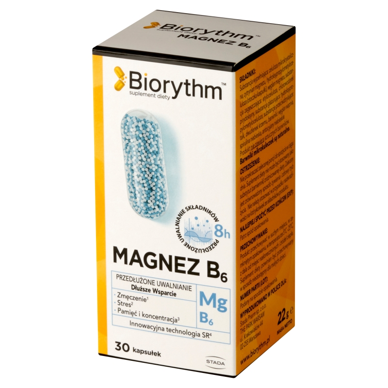 Biorythm Magnez B6, kapsułki o przedłużonym uwalnianiu ze składnikami uzupełniającymi dietę w magnez B6, 30 szt.