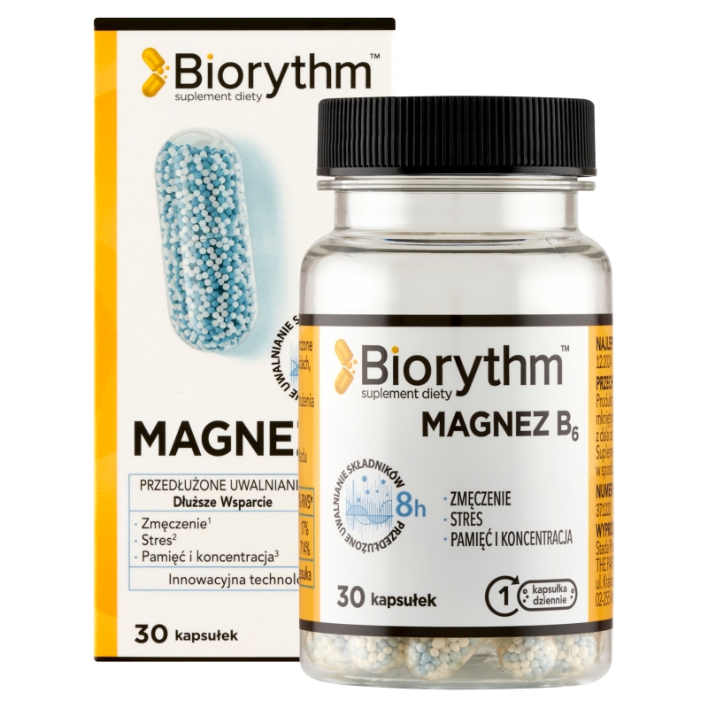 Biorythm Magnez B6, kapsułki o przedłużonym uwalnianiu ze składnikami uzupełniającymi dietę w magnez B6, 30 szt.