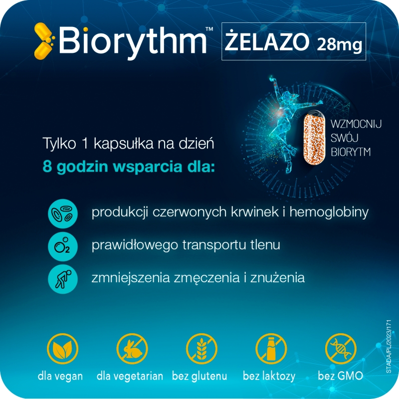 Biorythm Żelazo, kapsułki o przedłużonym uwalnianiu ze składnikami uzupełniającymi dietę w żelazo, 30 szt.