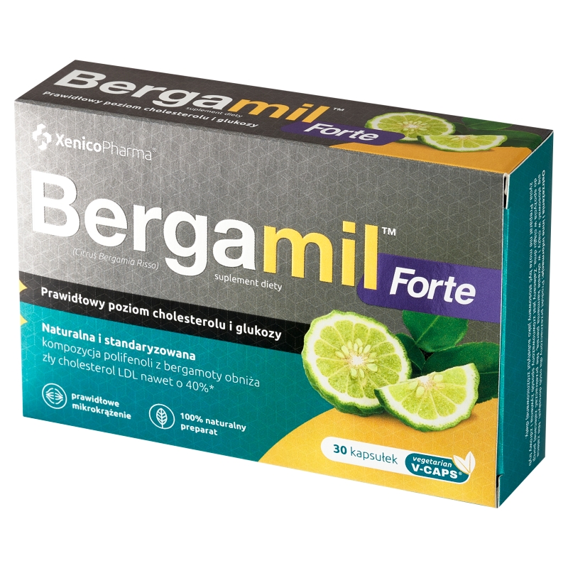 Bergamil Forte , kapsułki z roślinnej celulozy ze składnikami wspierającymi poziom cholesterolu i glukozy, 30 szt.