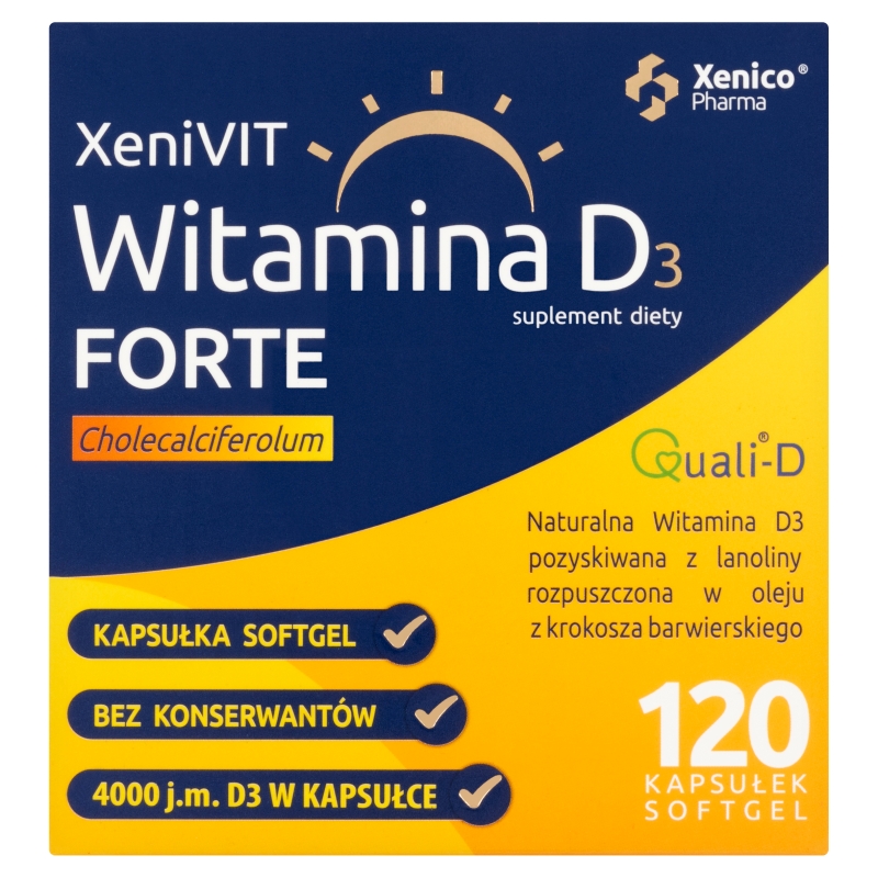 Xenivit Witamina D Forte, kapsułki miękkie ze składnikami wspierającymi mocne kości, 120 szt.