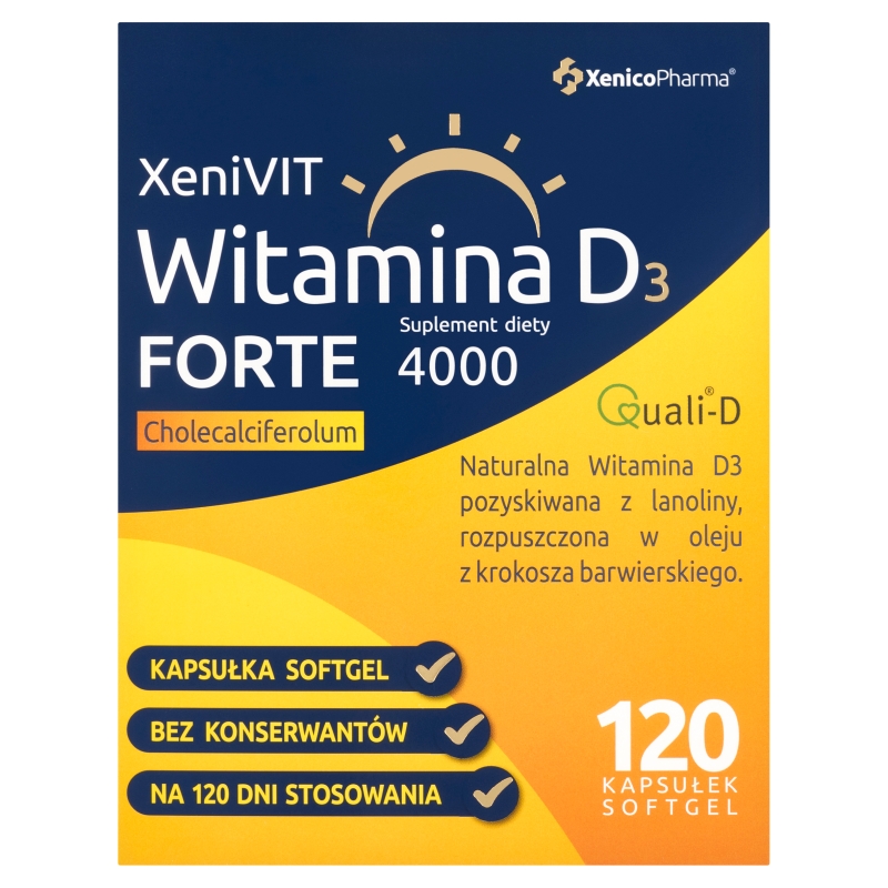 Xenivit Witamina D Forte, kapsułki miękkie ze składnikami wspierającymi mocne kości, 120 szt.