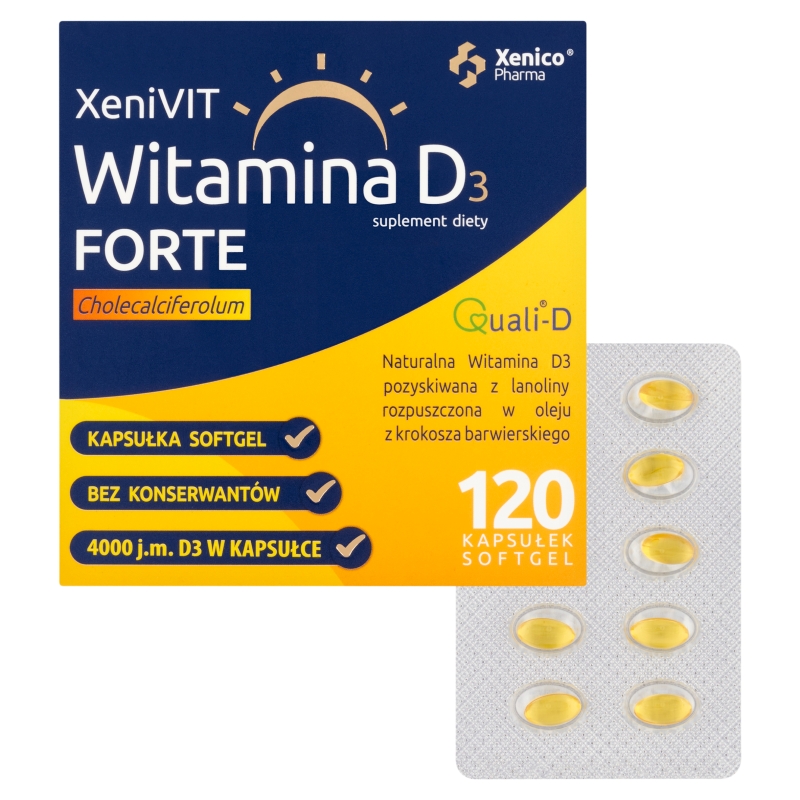 Xenivit Witamina D Forte, kapsułki miękkie ze składnikami wspierającymi mocne kości, 120 szt.