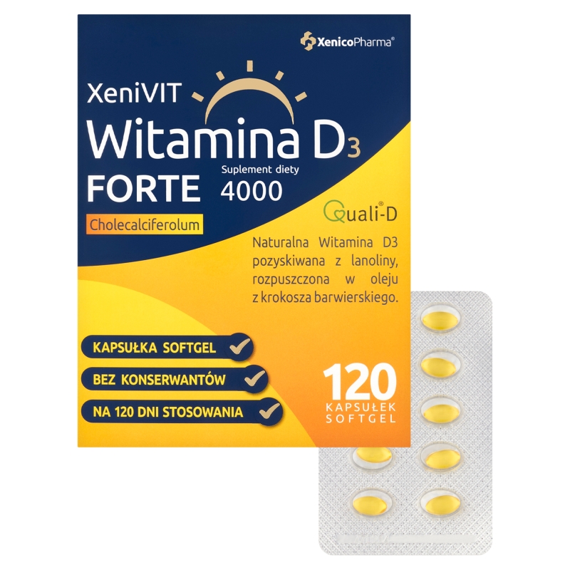 Xenivit Witamina D Forte, kapsułki miękkie ze składnikami wspierającymi mocne kości, 120 szt.