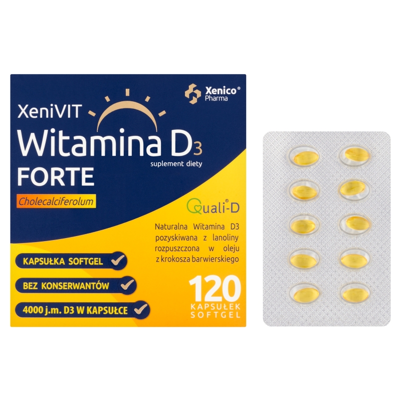 Xenivit Witamina D Forte, kapsułki miękkie ze składnikami wspierającymi mocne kości, 120 szt.