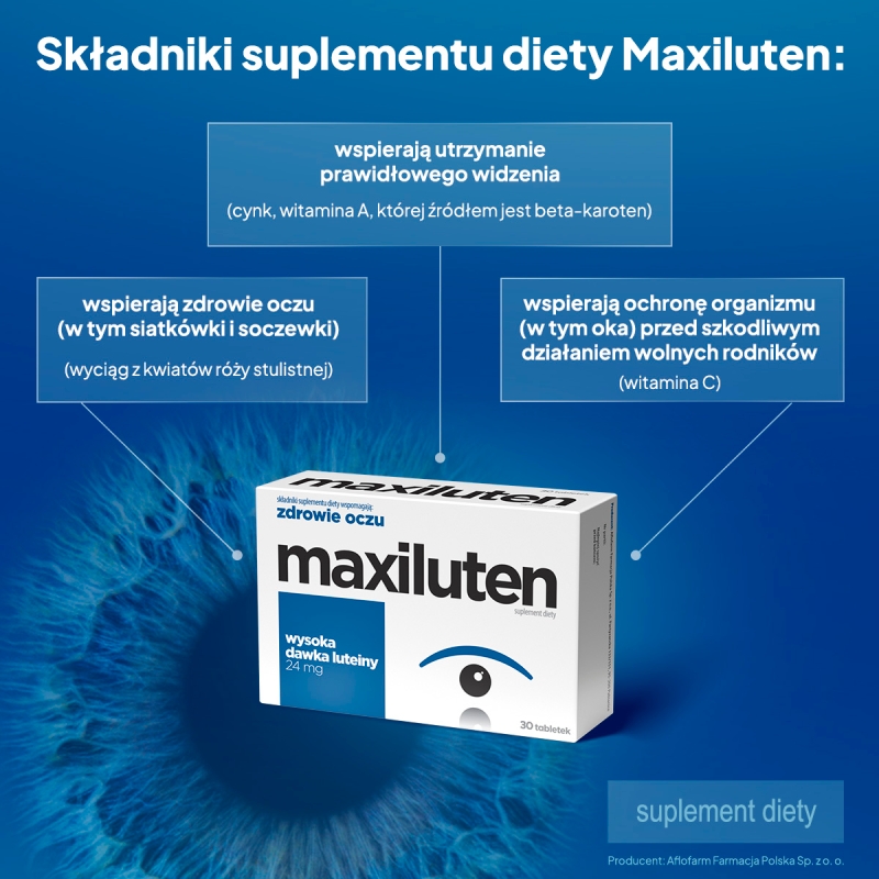 Maxiluten, tabletki z wysoką dawką luteiny wspierającą zdrowie oczu oraz utrzymanie prawidłowej ostrości widzenia, 30 szt.