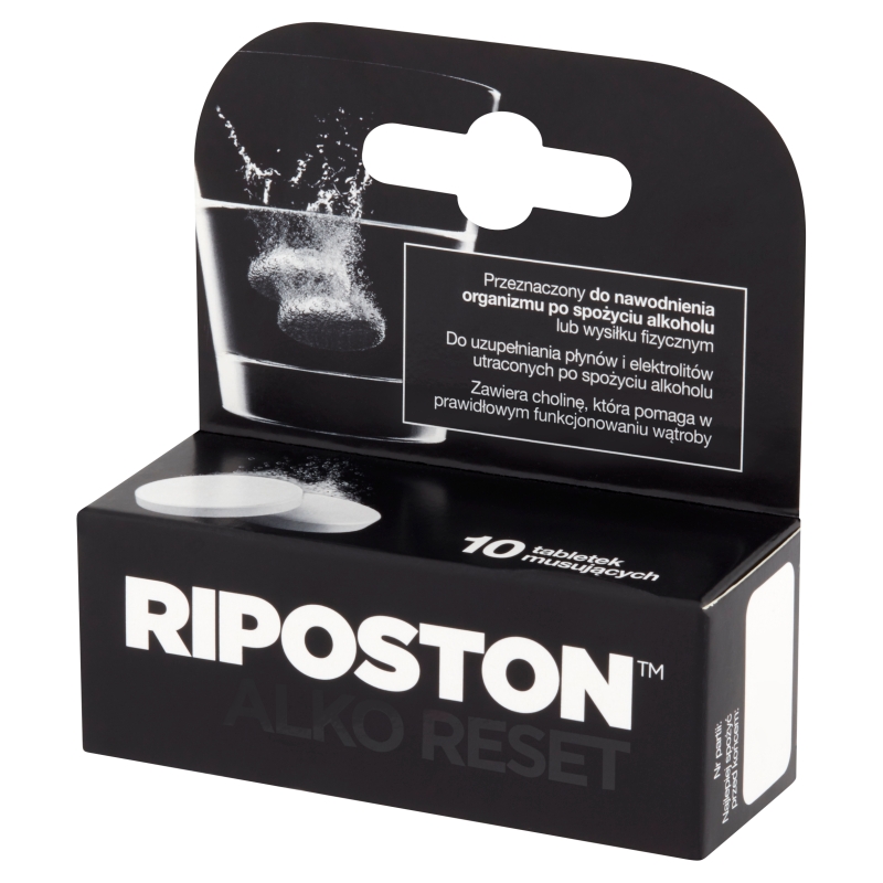 Riposton, tabletki musujące do uzupełnienia płynów i elektrolitów utraconych po spożyciu alkoholu, 10 szt.