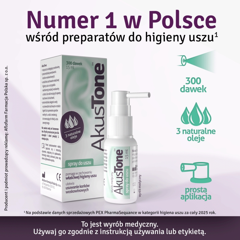 AkusTone, spray wspomagający higienę uszu, usuwanie korków woskowinowych, 15 ml