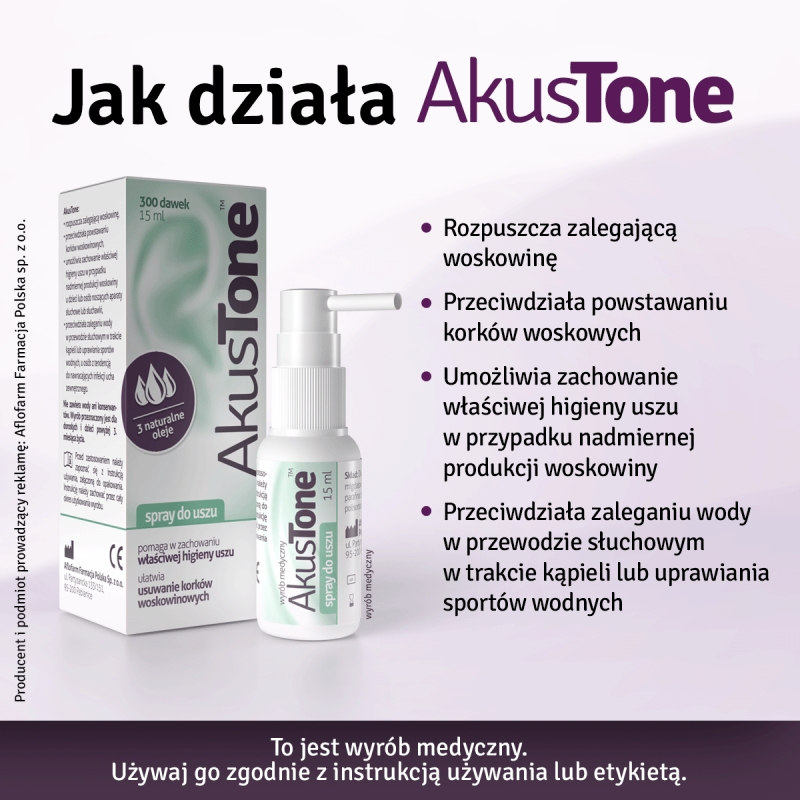 AkusTone, spray wspomagający higienę uszu, usuwanie korków woskowinowych, 15 ml
