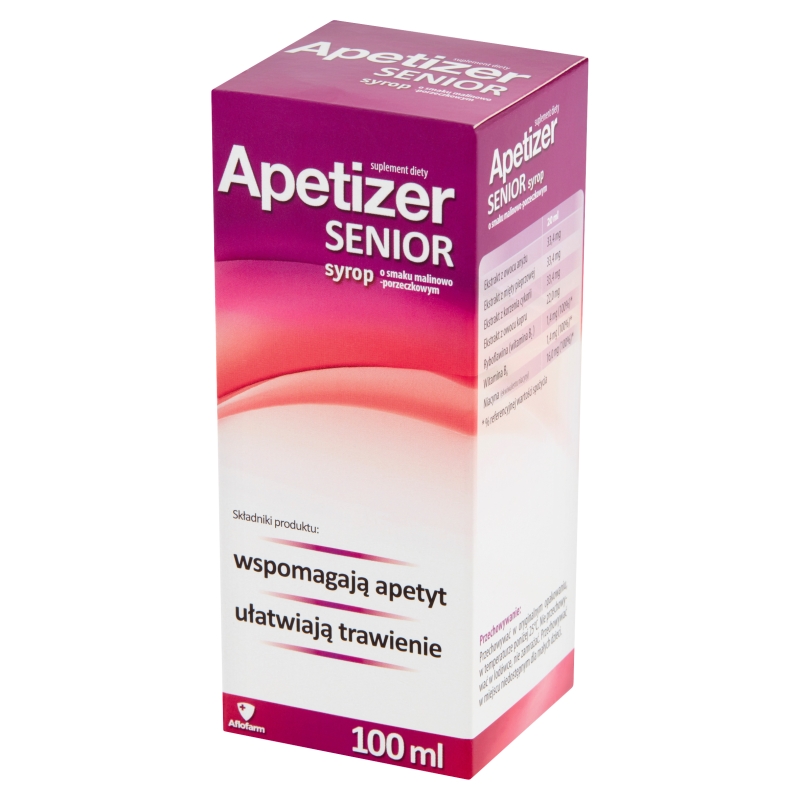 Apetizer Senior, syrop ze składnikami wzmacniającymi apetyt oraz ułatwiający trawienie o smaku malinowo-porzeczkowym, 100 ml