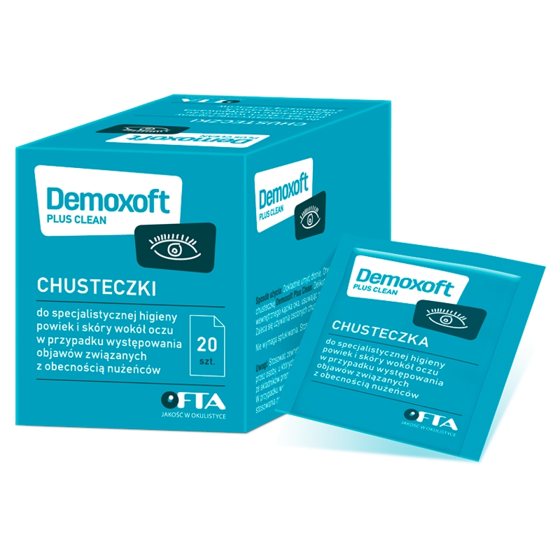 Demoxoft Plus Clean, chusteczki do higieny powiek i skóry wokół oczy w przypadku występowania nużeńców, 20 szt.