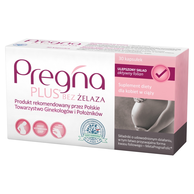 Pregna Plus bez żelaza, kapsułki z witaminami dla kobiet w ciąży, 30 szt.
