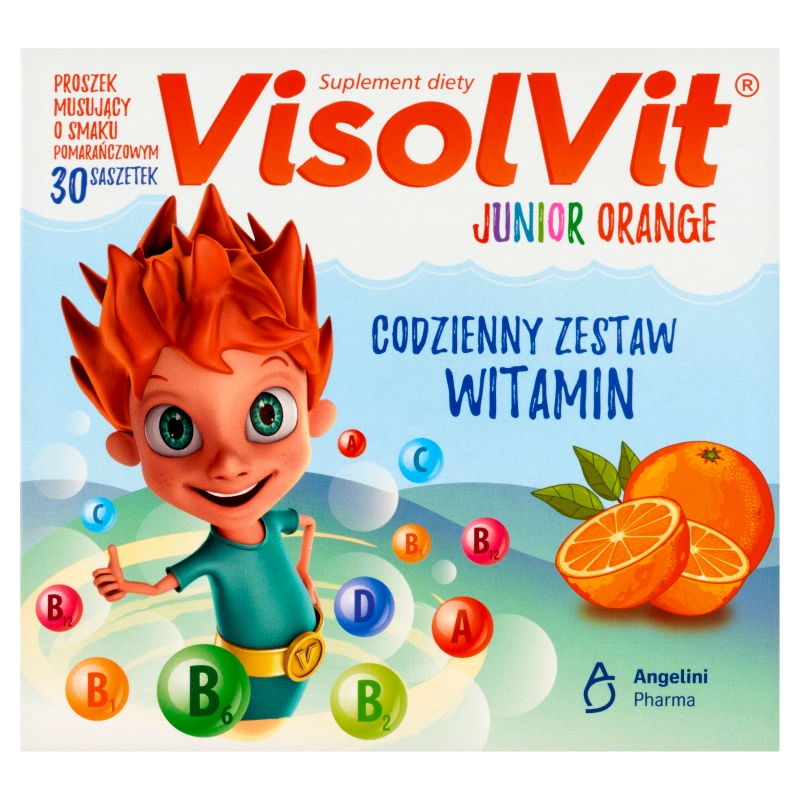 VisolVit Junior Orange granulat ze składnikami uzupełniającymi codzienną dietę w witaminy, 30 sasz.