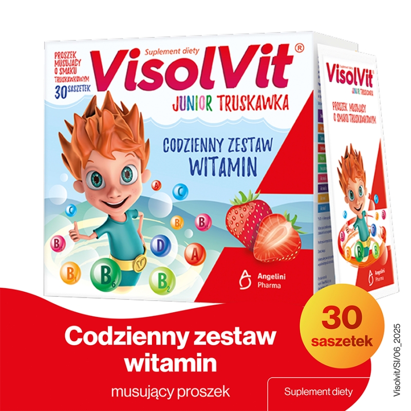 VisolVit Junior Truskawka, granulat z zestawem witamin dla dzieci o truskawkowym smaku, 30 sasz.